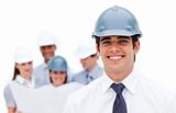 Focus on an architect wearing a hardhat against a white backgrou
