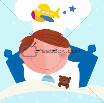 Small boy sleeping in bed and dreaming about airplane
