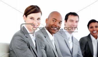 Portrait of smiling business team during a presentation