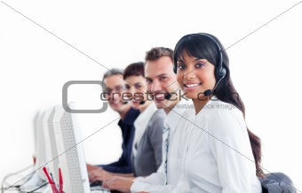 Positive customer service representatives with headset on 