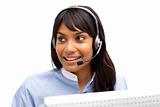 Ethnic businesswoman with headset on 