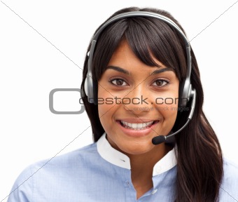 Positive customer service agent using headset