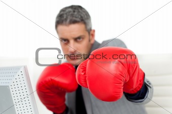 Self-assured businessman with boxing gloves 
