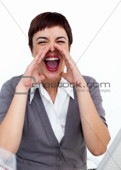 Young businesswoman yelling