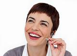 Smiling customer service representative using headset 