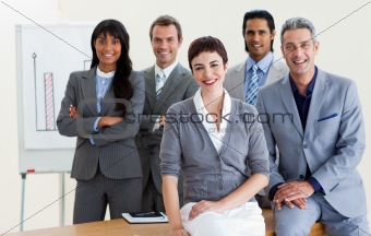 Successful business team having a brainstorming against a white background