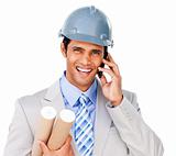 Close-up of a smiling architect on phone 