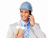 Confident architect on phone carrying blueprints