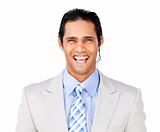 Smiling businessman with headset on against