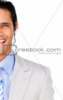 Close-up of an ethnic customer service agent with headset on