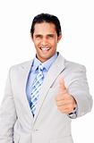 Young businessman with thumb up celebrating a victory