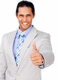 Portrait of an attractive businessman with thumb up