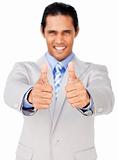 Portrait of an asian businessman with thumbs up 
