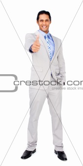 Happy businessman standing with thumb up