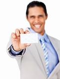 Happy businessman holding a white card
