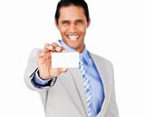 Asian businessman holding a white card