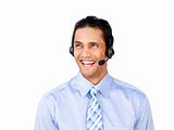 Attractive customer service agent with headset on 