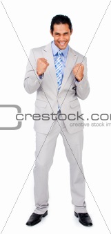 Businessman throwing up his arms in the air in celebration