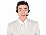 Attractive customer service representative using headset