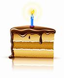 piece of birthday chocolate cake with burning candle