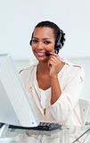 Charming businesswoman with headset on 