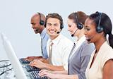 Cheerful business people with headset on 