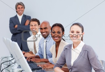Happy customer service representatives in a call-center