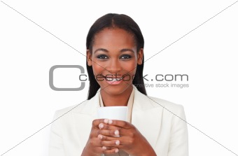 Afro-american businesswoman drinking a coffee
