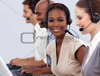 Business co-workers showing diversity in a call center 