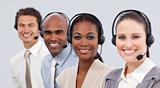 International business people with headset on in a line 