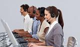Positive business partners working in a call center