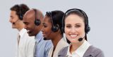 Close-up of customer business representatives with headset on
