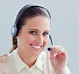Close-up of a businesswoman with headset on