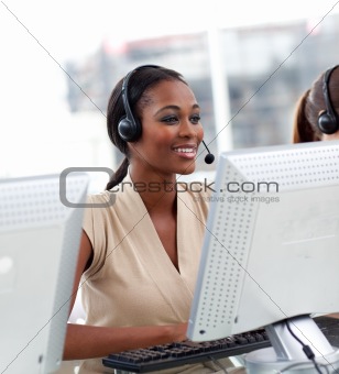 Female customer service agent in a call center