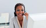 Afro-american customer service representative with headset on 