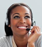 Close-up of a customer service representative with headset on 