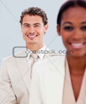 Close-up of a charismatic businessman and his colleague