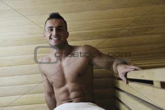 attractive young man in sauna