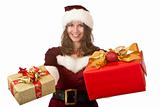 Santa Claus woman holding Christmas gifts in hands