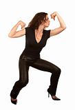 Pretty woman in black flexing her muscles