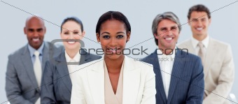 Successful business team having a brainstorming against a white background