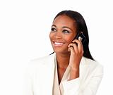 Radiant Afro-american businesswoman on phone