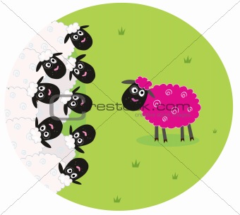 One pink sheep is lonely in the middle of white sheep family