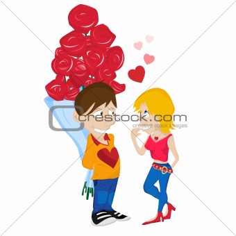 Young Couple in Love. Boy hiding flowers from girlfriend