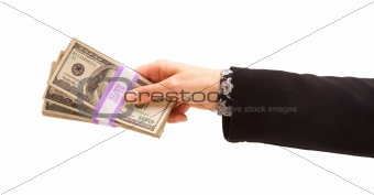 Woman Handing Over Hundreds of Dollars Isolated on a White Background.