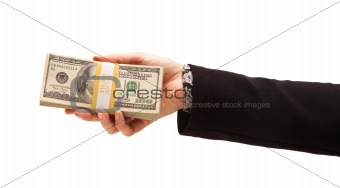 Woman Handing Over Hundreds of Dollars Isolated on a White Background.