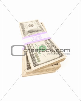 Stacks of Two Thousand Dollar Piles of One Hundred Dollar Bills Isolated on a White Background.