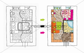Interior design apartments - top view. Ragged lines, sketch handwork
