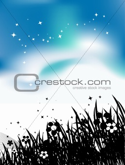 Summer meadow and birds in sky, black silhouette