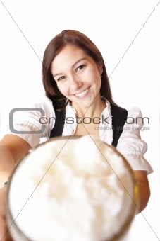 Beautiful and happy woman holding Oktoberfest beer stein